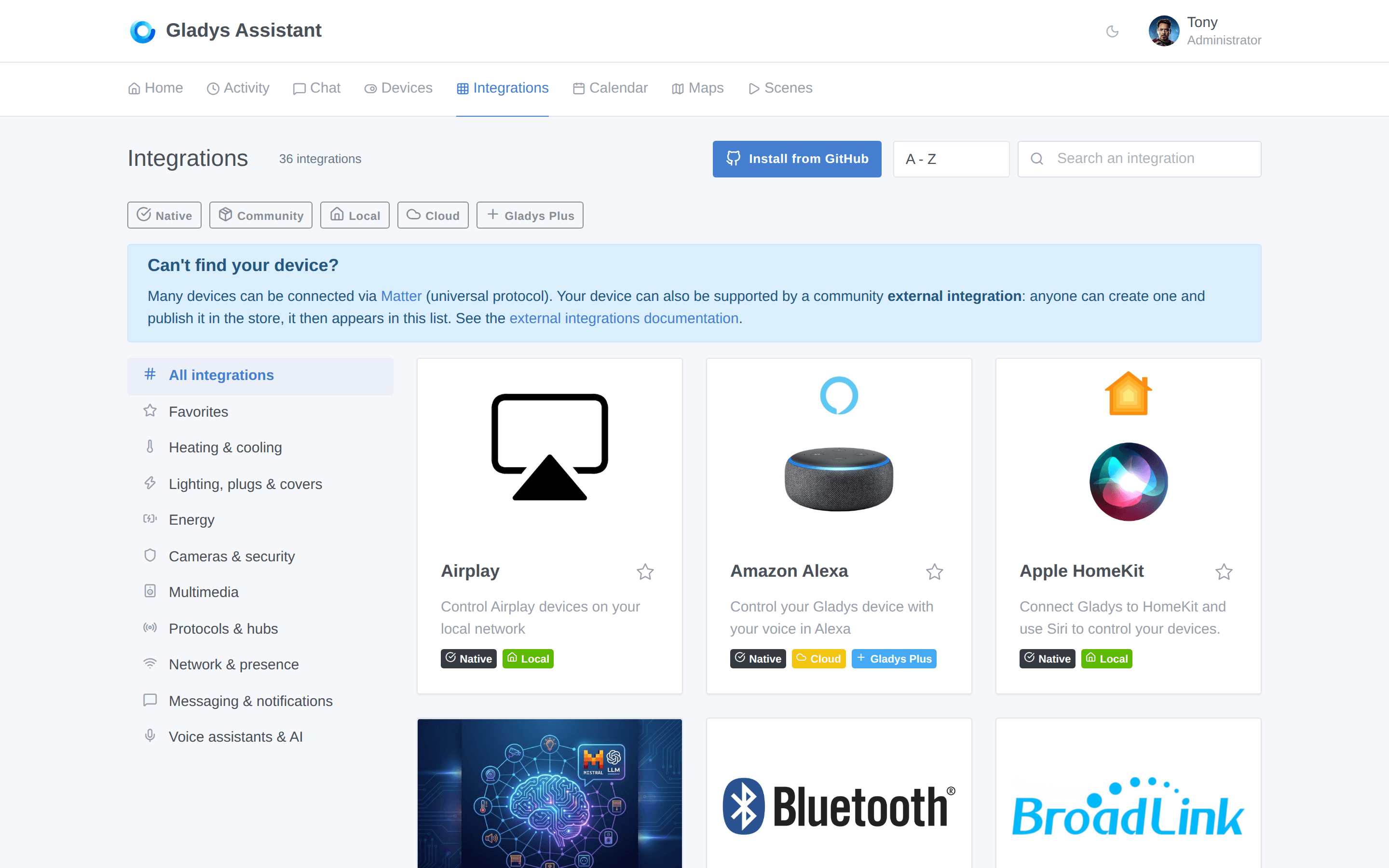 The integrations catalog with its category sidebar and facet filters