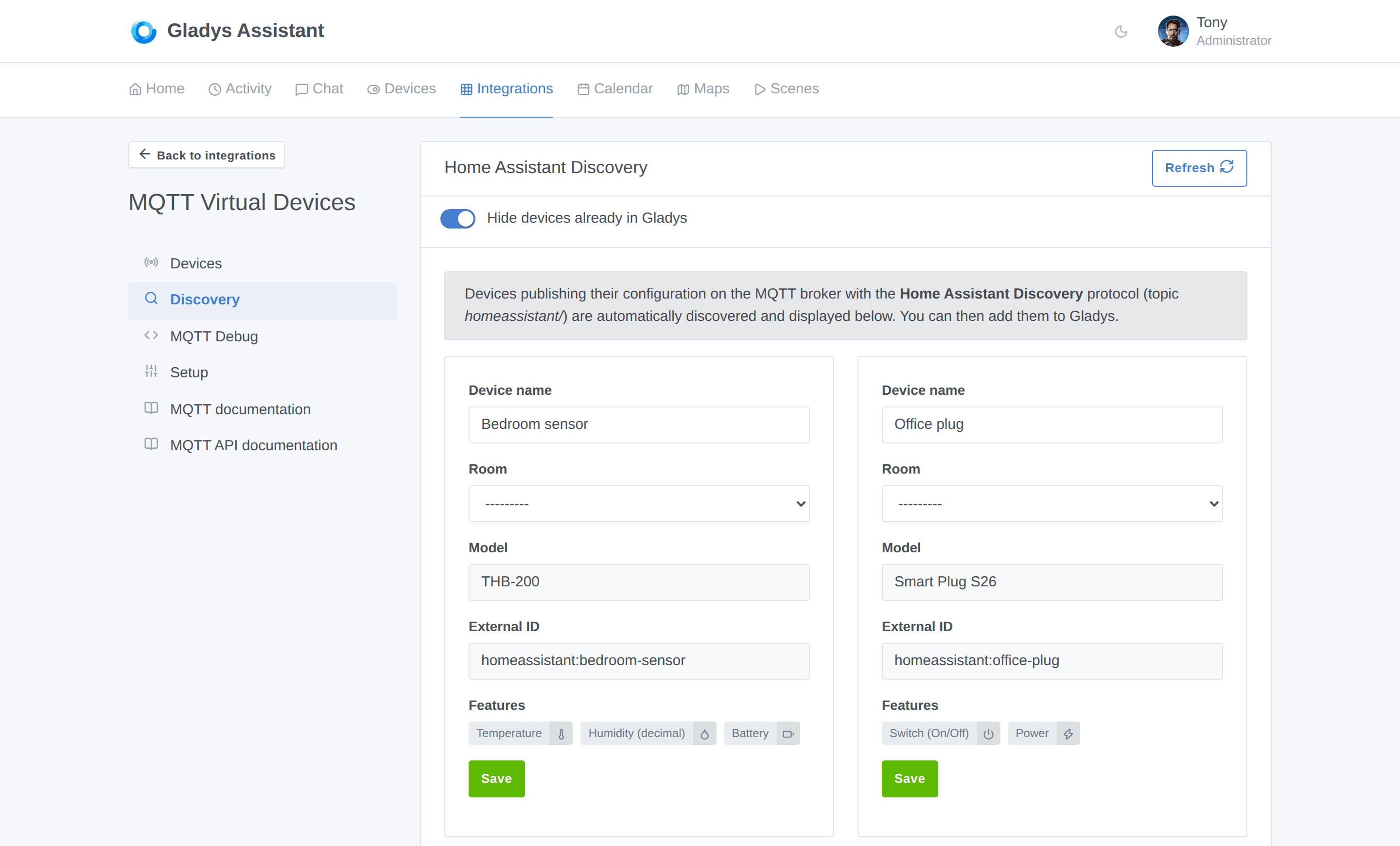 The Home Assistant Discovery tab, with automatically discovered MQTT devices