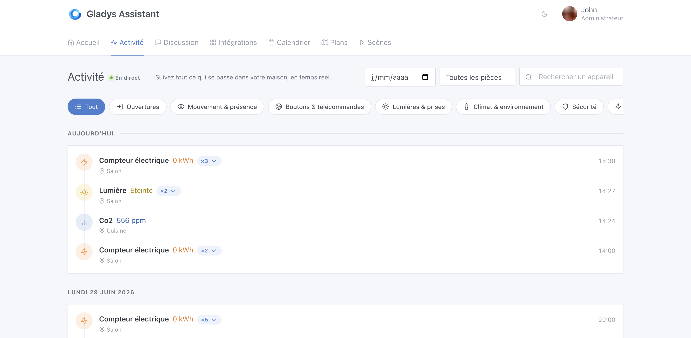 Timeline du journal d'activité de Gladys