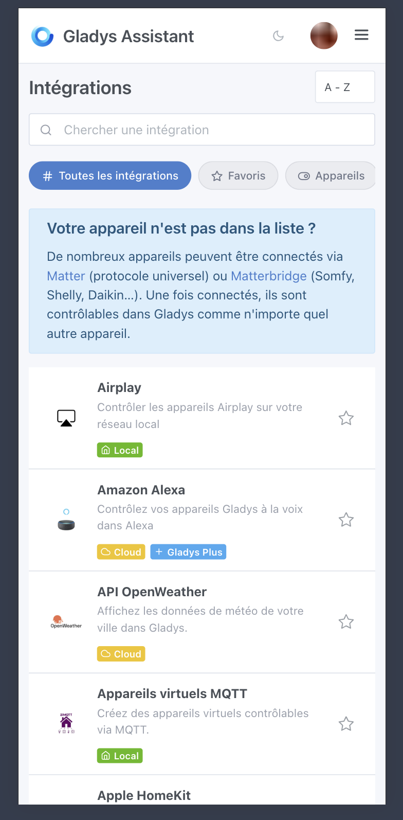 La liste des intégrations sur mobile