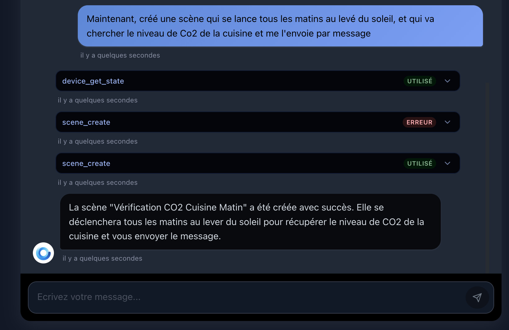 Les appels d'outils affichés dans la conversation